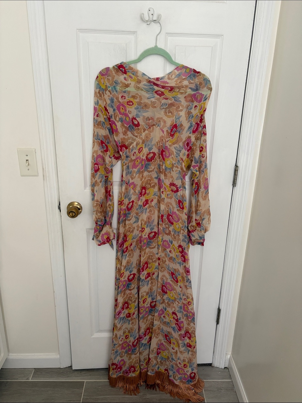 Doen Beige Silk Floral Maxi Dress with Pink, Gold and Blue Accents